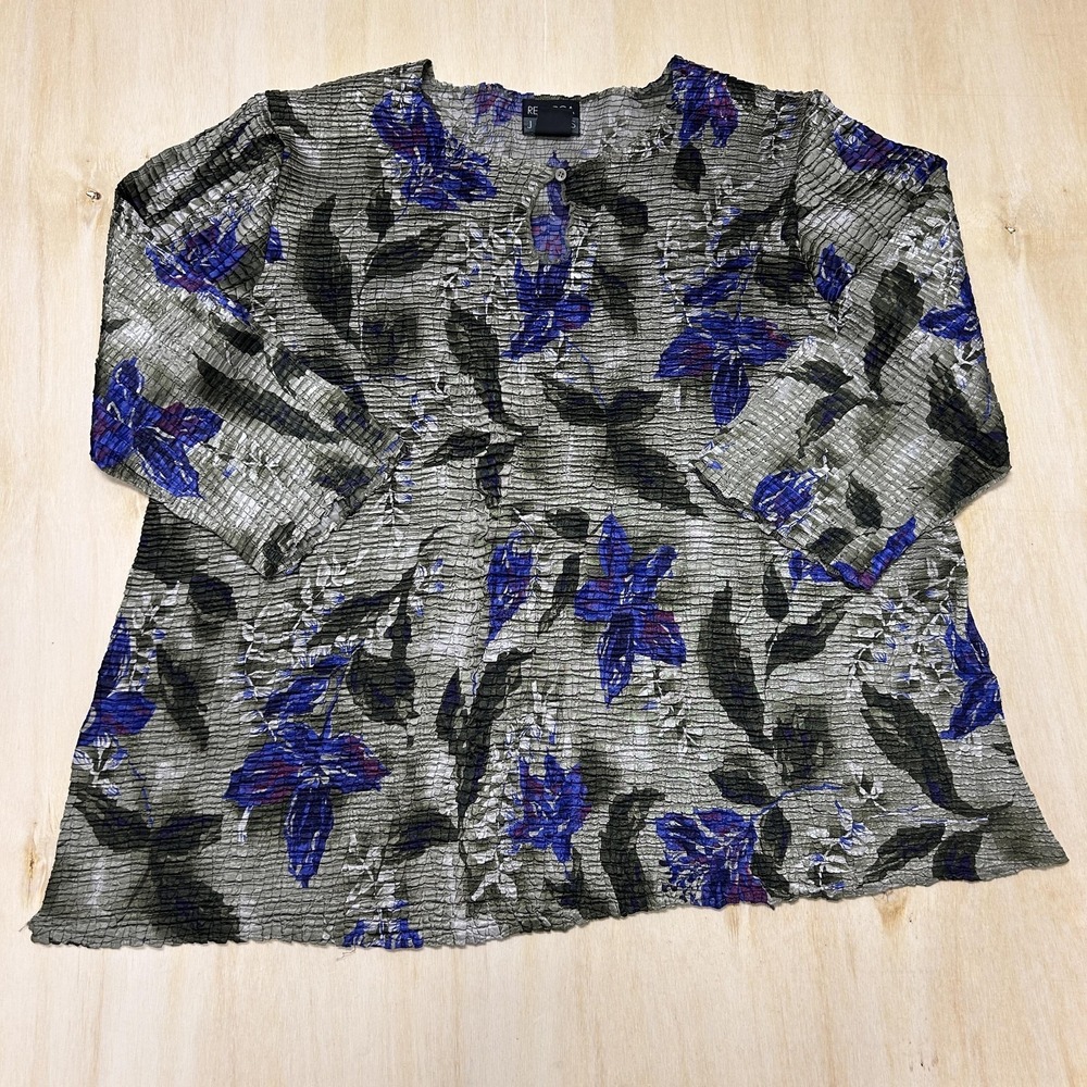 Rebecca Jones Blouse Womens 2X Multicolor Floral Crinkle Textured 3/4 Sleeve Top